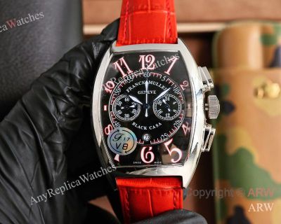 High Quality Replica Franck Muller Red Leather Strap Black Face Dial Silver Bezel Watch 42*55mm
